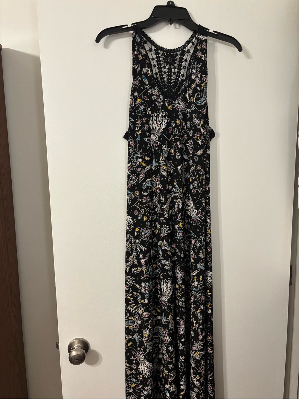 Gabby Skye Black Floral Paisley Maxi Dress with Crochet Back